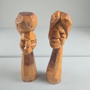 Hand Carved Wooden Tribal Bust Sculpture Pair African Style Art Folk Art Decor